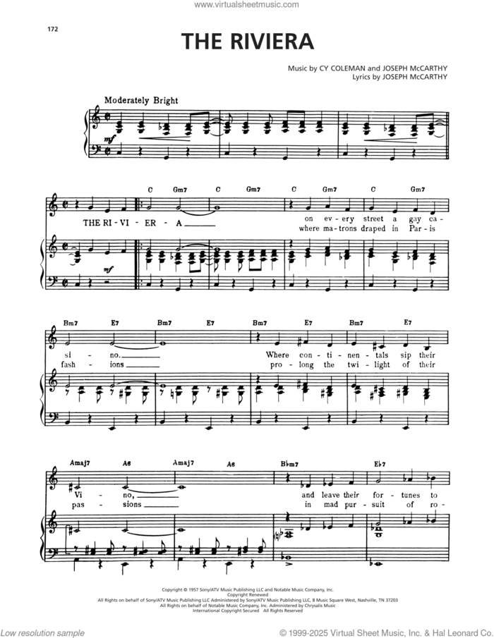 The Riviera (from Seesaw) sheet music for voice, piano or guitar by Cy Coleman and Joseph McCarthy, intermediate skill level