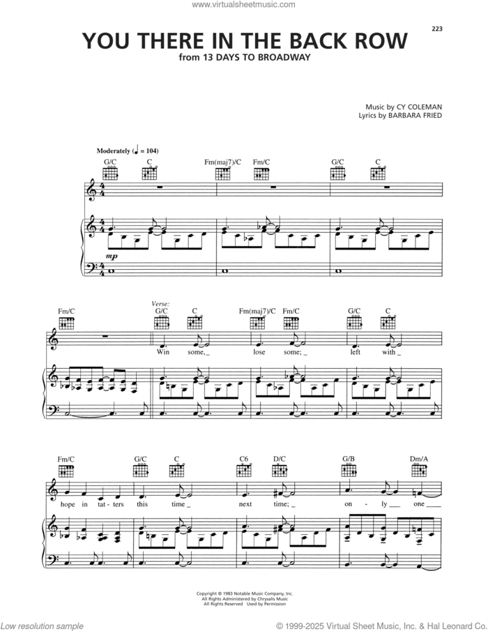 You There In The Back Row (from 13 Days To Broadway) sheet music for voice, piano or guitar by Cy Coleman and Barbara Fried, intermediate skill level