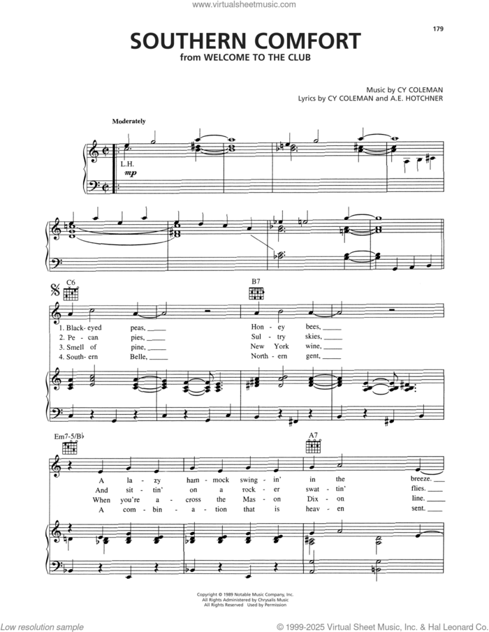 Southern Comfort (from Welcome To The Club) sheet music for voice, piano or guitar by Cy Coleman and A.E. Hotchner, intermediate skill level