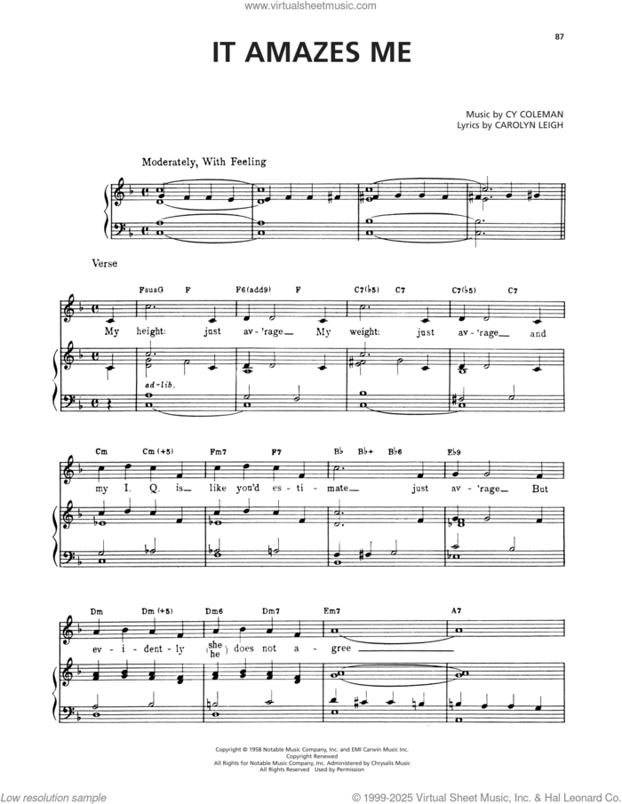 It Amazes Me (from Wildcat) sheet music for voice, piano or guitar by Cy Coleman and Carolyn Leigh, intermediate skill level