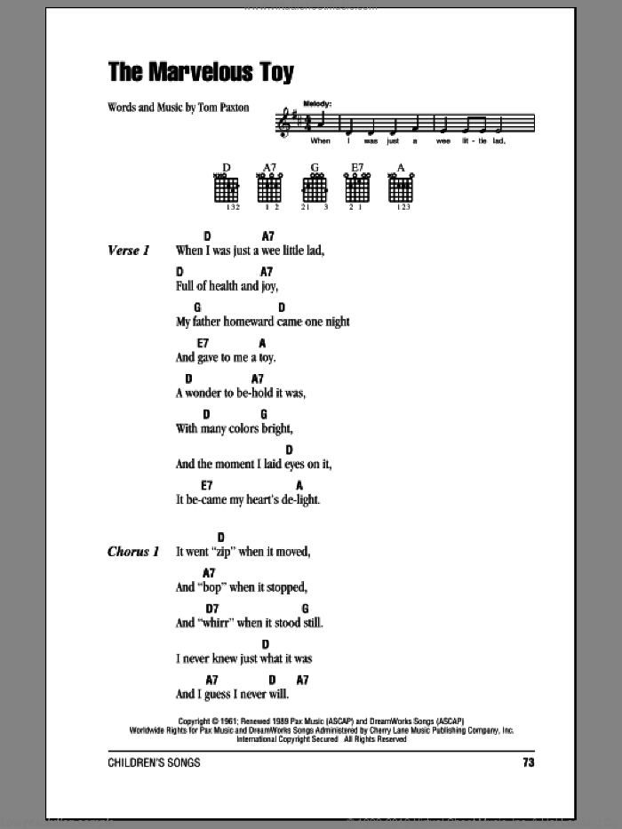 The Marvelous Toy sheet music for guitar (chords) by Tom Paxton and John Denver, intermediate skill level
