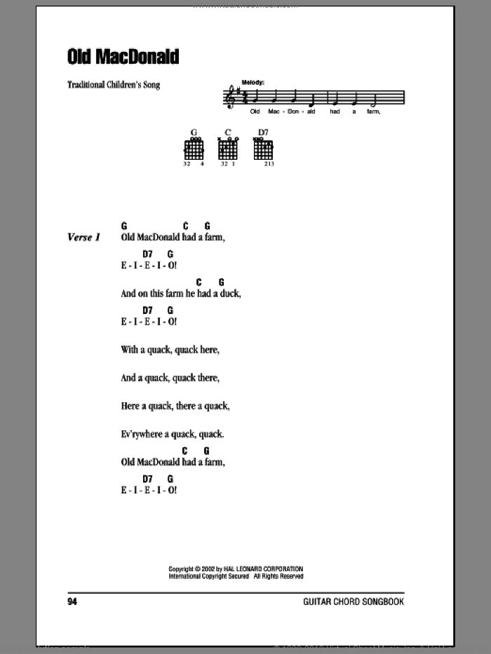 Old MacDonald sheet music for guitar (chords), intermediate skill level