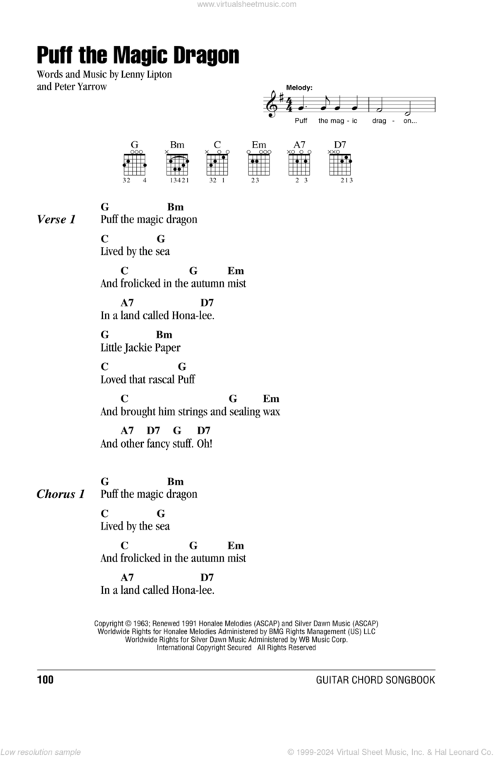 Puff The Magic Dragon sheet music for guitar (chords) by Peter, Paul & Mary, Lenny Lipton and Peter Yarrow, intermediate skill level