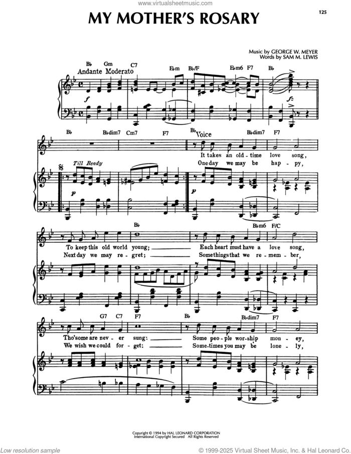 My Mother's Rosary sheet music for voice, piano or guitar by Sam Lewis and George W. Meyer, intermediate skill level