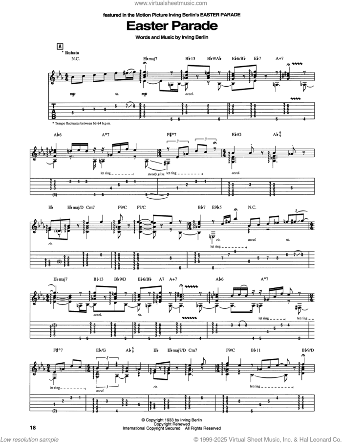 Easter Parade, (intermediate) sheet music for guitar solo by Irving Berlin, intermediate skill level