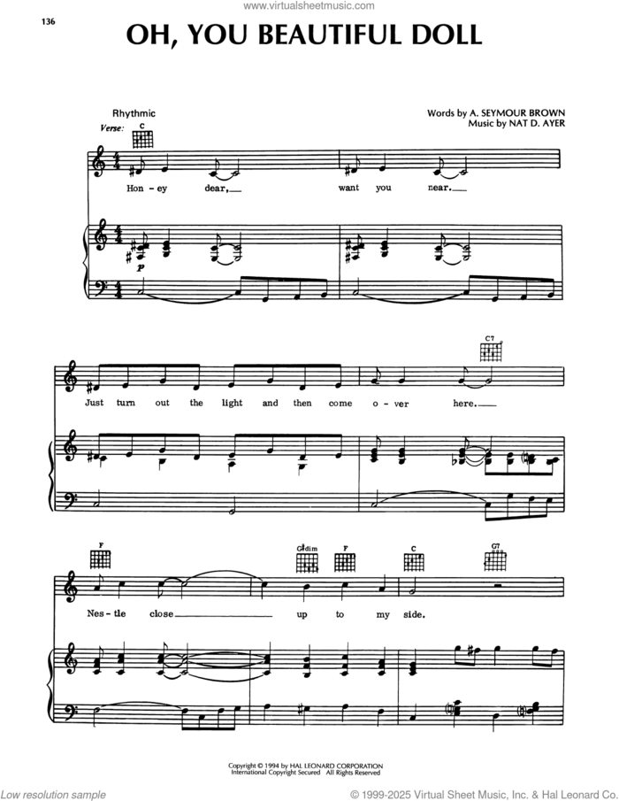 Oh, You Beautiful Doll sheet music for voice, piano or guitar by A. Seymour Brown and Nat D Ayer, intermediate skill level