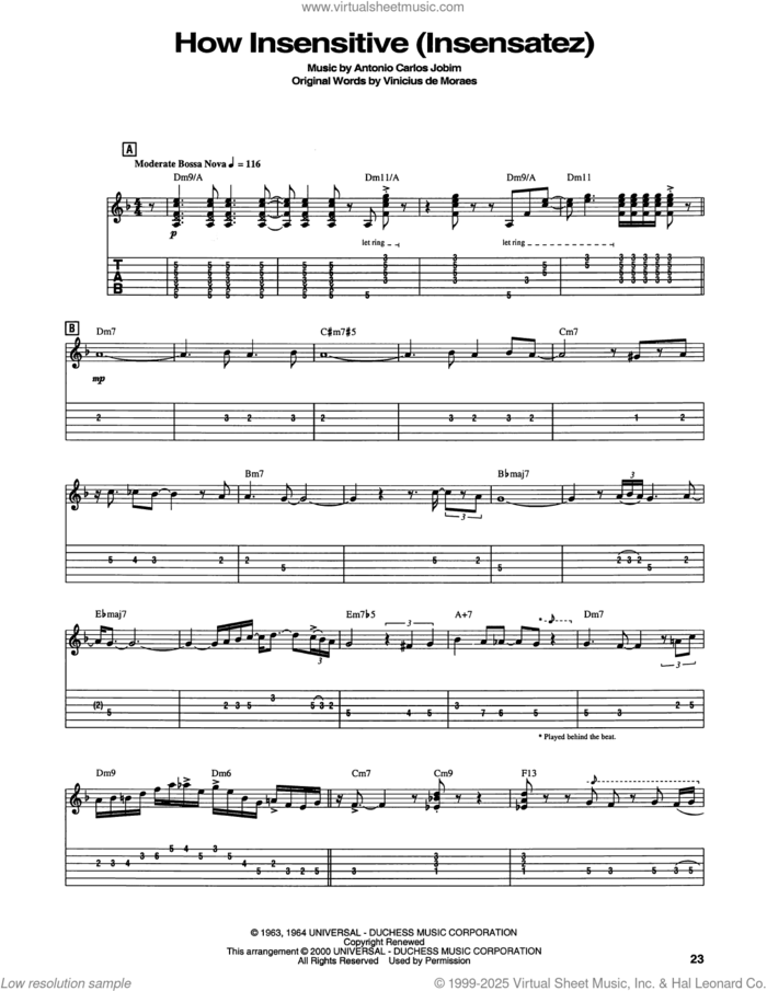 How Insensitive (Insensatez) sheet music for guitar solo by Astrud Gilberto, Antonio Carlos Jobim, Norman Gimbel and Vinicius de Moraes, intermediate skill level