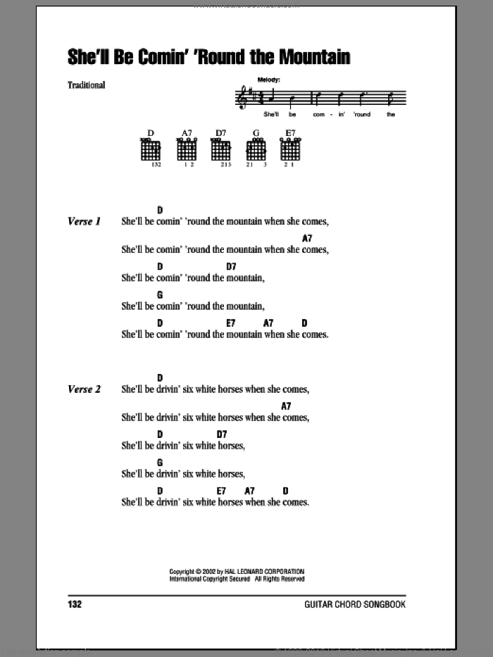 She'll Be Comin' 'Round The Mountain sheet music for guitar (chords), intermediate skill level