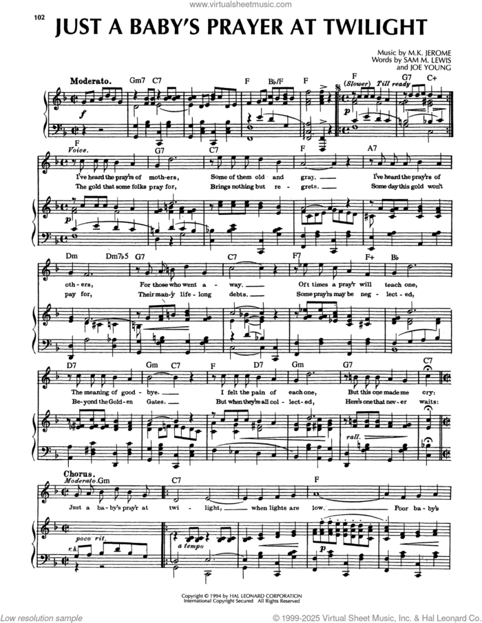 Just A Baby's Prayer At Twilight sheet music for voice, piano or guitar by Sam Lewis, Joe Young and M. K. Jerome, intermediate skill level