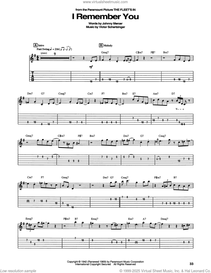 I Remember You sheet music for guitar solo by Jo Stafford, Johnny Mercer and Victor Schertzinger, intermediate skill level