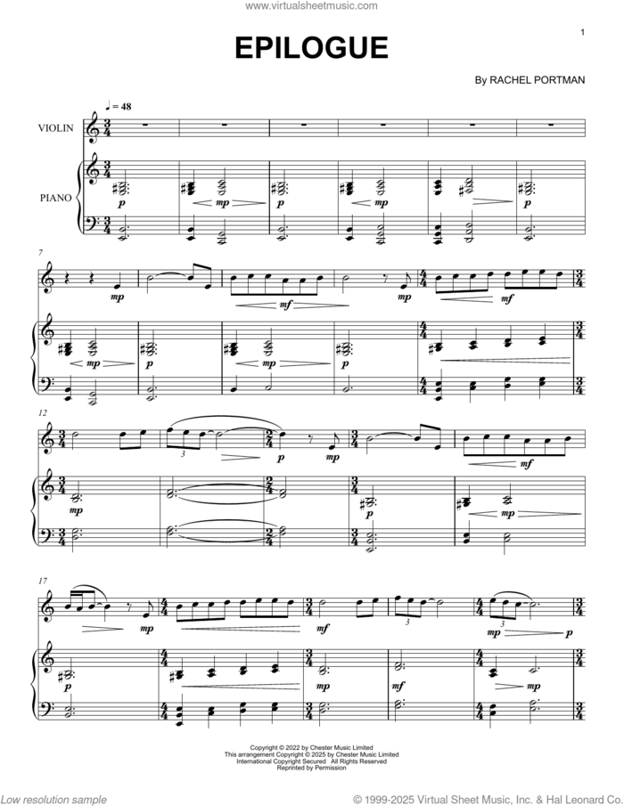 Epilogue sheet music for violin and piano by Rachel Portman, classical score, intermediate skill level