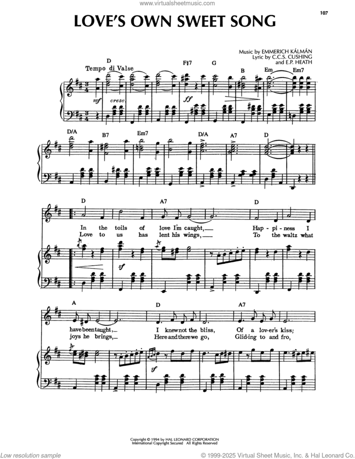 Love's Own Sweet Song sheet music for voice, piano or guitar by C.C.S. Cushing, E.P. Heath and Emmerich Kalman, intermediate skill level