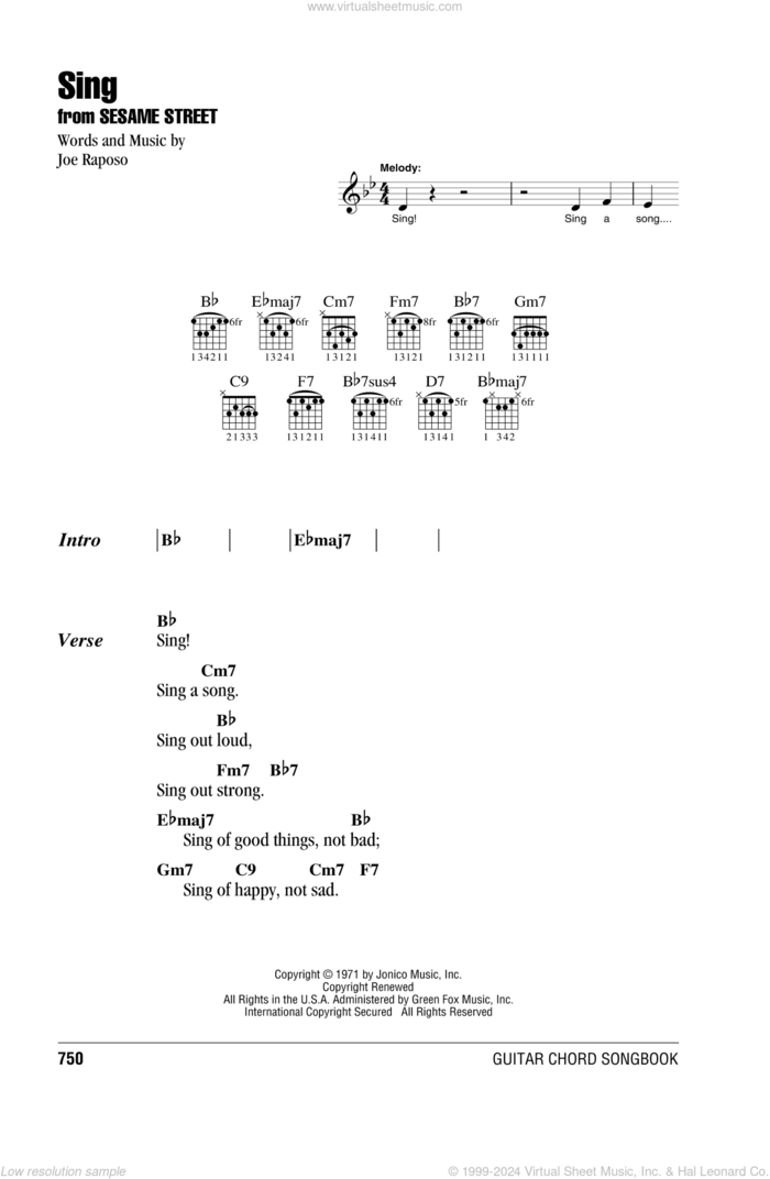 Sing sheet music for guitar (chords) by Carpenters and Joe Raposo, intermediate skill level