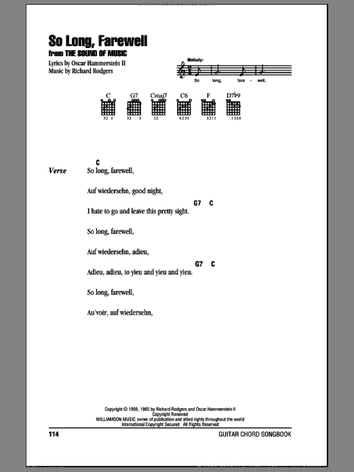 So Long, Farewell (from The Sound of Music) sheet music for guitar (chords) by Rodgers & Hammerstein, The Sound Of Music (Musical), Oscar II Hammerstein and Richard Rodgers, intermediate skill level