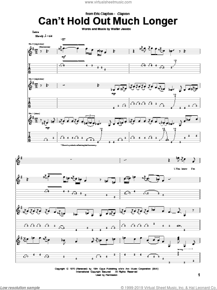 Can't Hold Out Much Longer sheet music for guitar (tablature) by Eric Clapton, Little Walter and Walter Jacobs, intermediate skill level