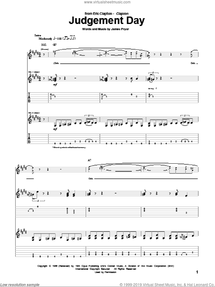 Judgement Day sheet music for guitar (tablature) by Eric Clapton and James Pryor, intermediate skill level
