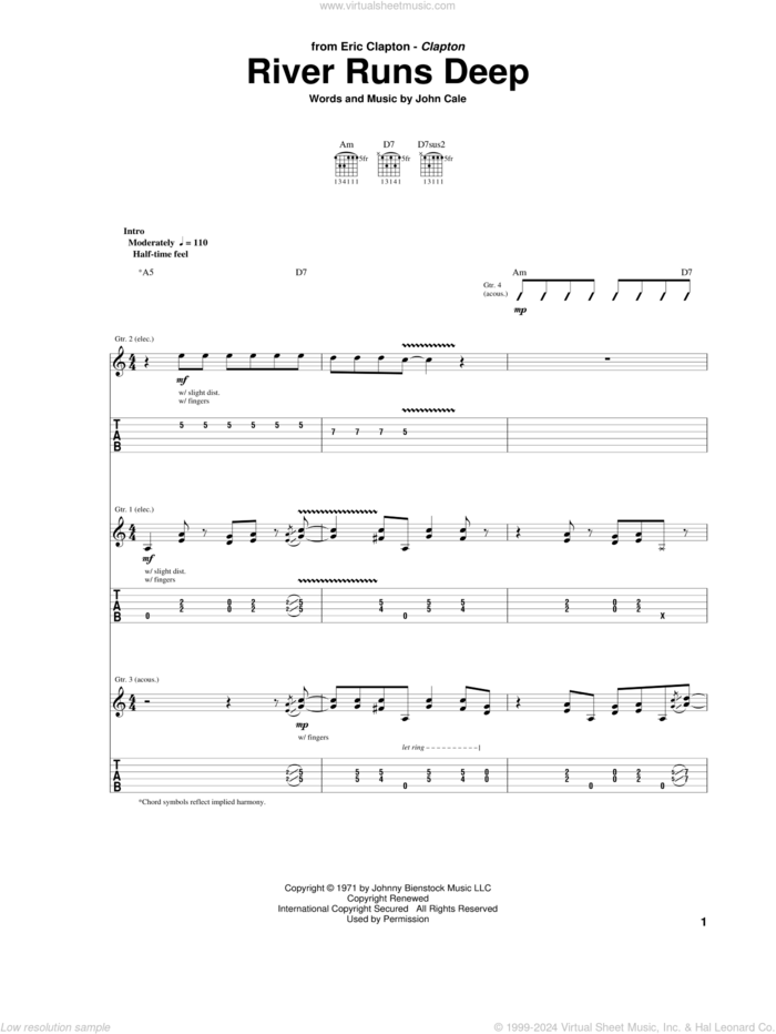 River Runs Deep sheet music for guitar (tablature) by Eric Clapton and John Cale, intermediate skill level