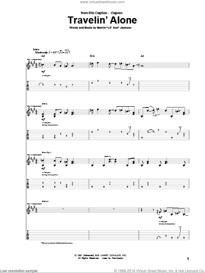 Travelin' Alone sheet music for guitar (tablature) by Eric Clapton, intermediate skill level