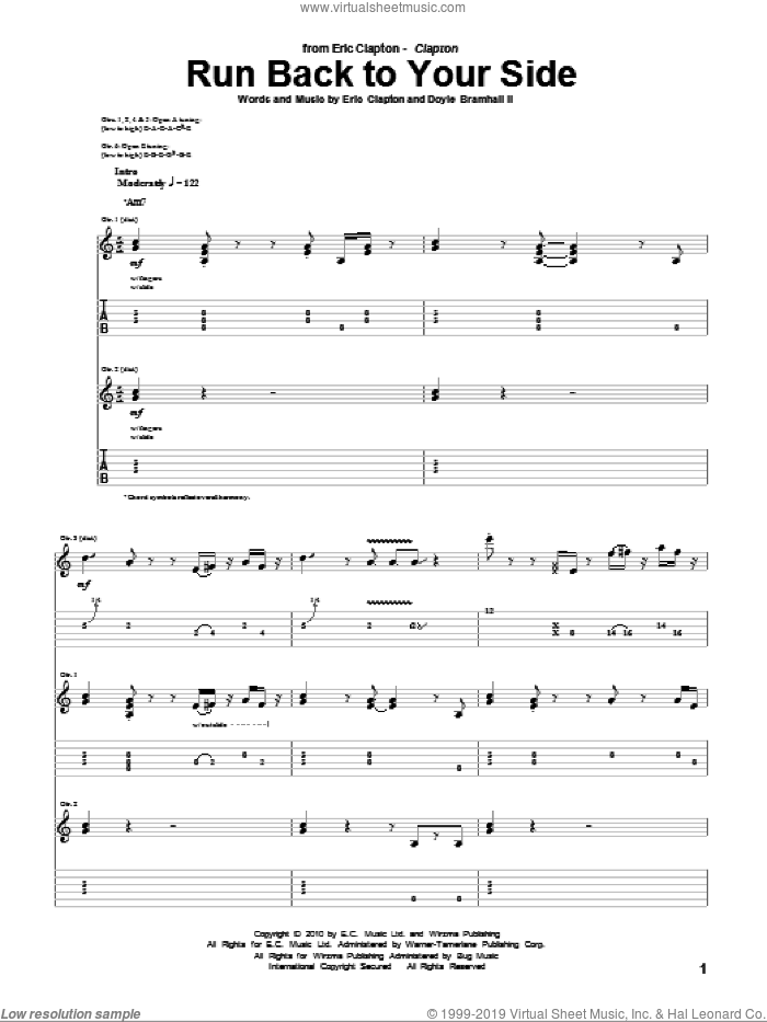 Run Back To Your Side sheet music for guitar (tablature) by Eric Clapton and Doyle Bramhall, intermediate skill level