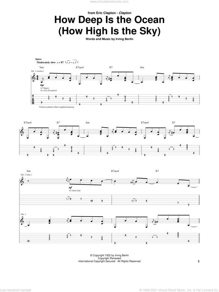 How Deep Is The Ocean (How High Is The Sky) sheet music for guitar (tablature) by Eric Clapton, Ben Webster and Irving Berlin, intermediate skill level