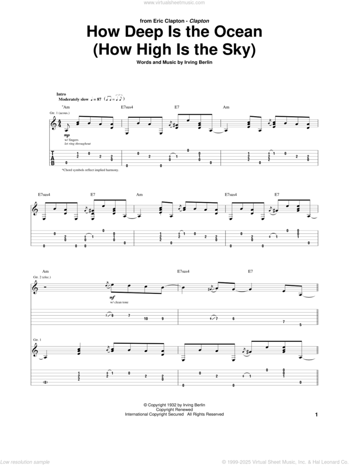 How Deep Is The Ocean (How High Is The Sky) sheet music for guitar (tablature) by Eric Clapton, Ben Webster and Irving Berlin, intermediate skill level