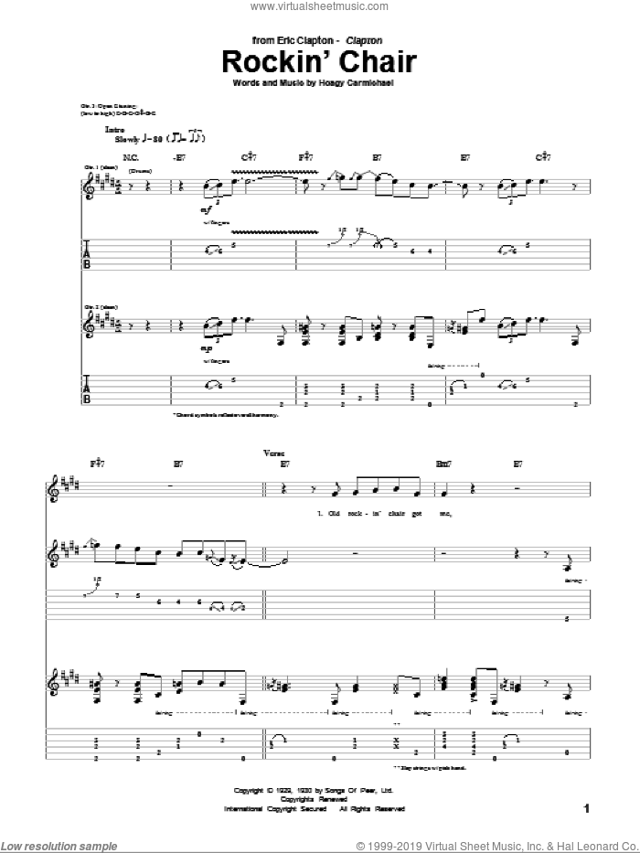 Rockin' Chair sheet music for guitar (tablature) by Eric Clapton and Hoagy Carmichael, intermediate skill level