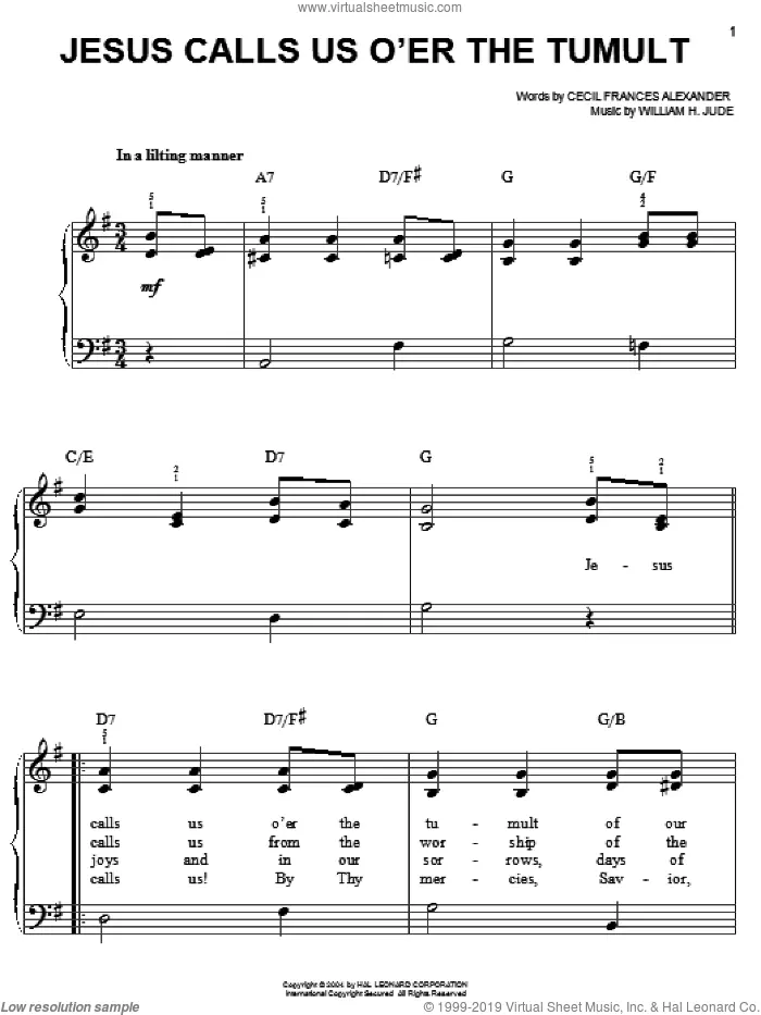 Jesus Calls Us O'er The Tumult sheet music for piano solo by Cecil Alexander and William H. Jude, classical score, easy skill level
