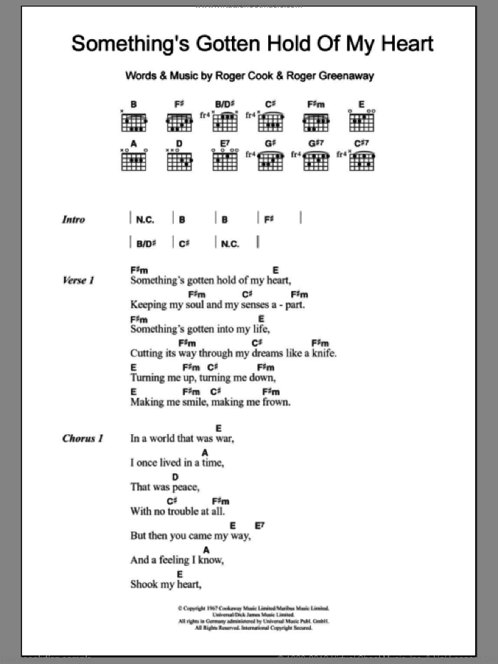 Something's Gotten Hold Of My Heart sheet music for guitar (chords) by Gene Pitney, Roger Cook and Roger Greenaway, intermediate skill level