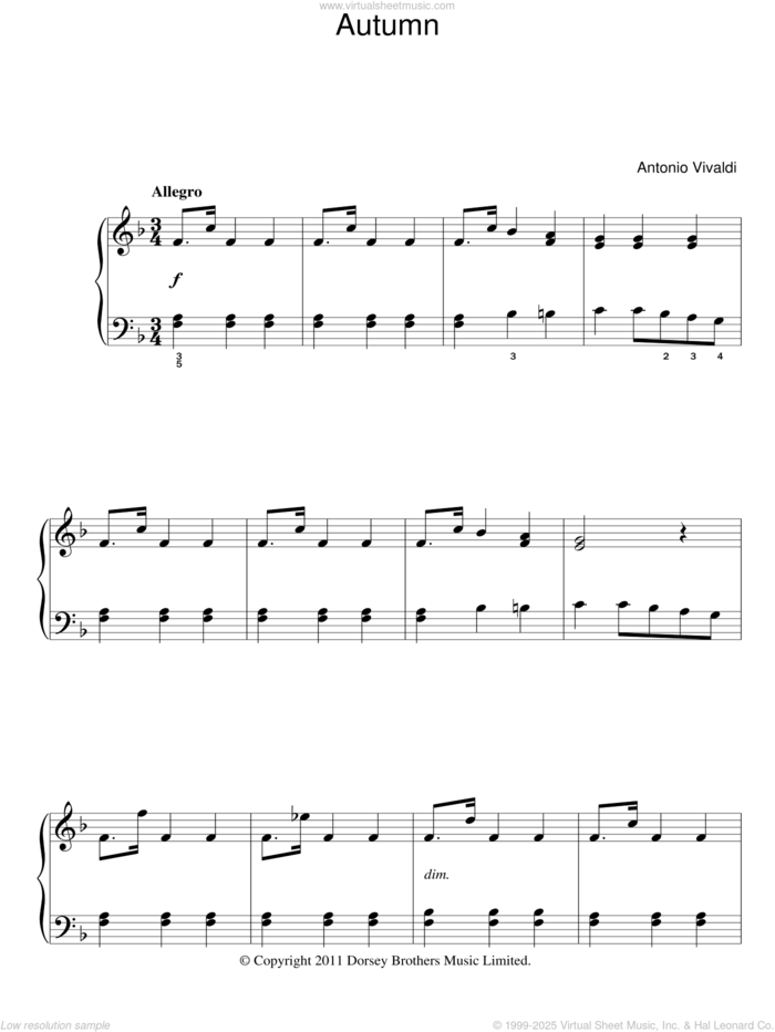 Autumn (from The Four Seasons), (easy) sheet music for piano solo by Antonio Vivaldi, classical score, easy skill level