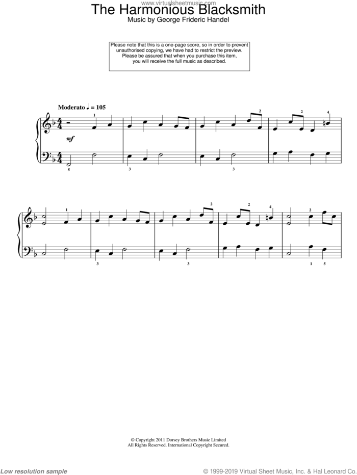 The Harmonious Blacksmith, (easy) sheet music for piano solo by George Frideric Handel, classical score, easy skill level