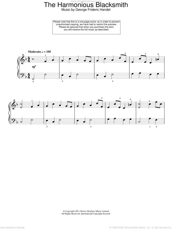 The Harmonious Blacksmith, (easy) sheet music for piano solo by George Frideric Handel, classical score, easy skill level