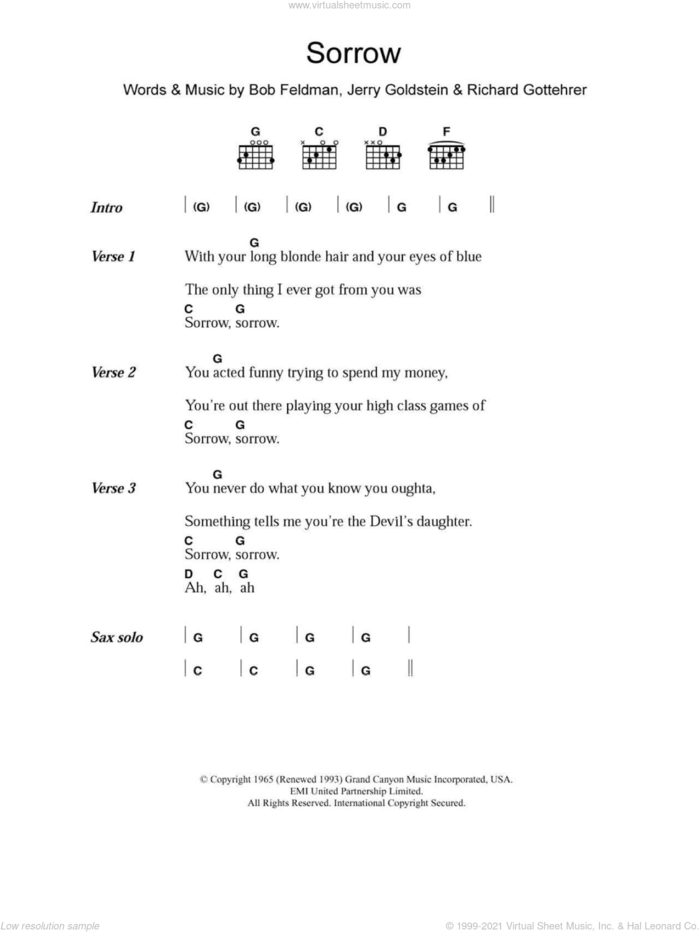 Sorrow sheet music for guitar (chords) by David Bowie, Bob Feldman, Jerry Goldstein and Richard Gottehrer, intermediate skill level