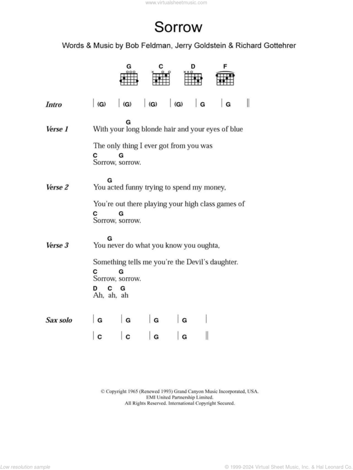 Sorrow sheet music for guitar (chords) by David Bowie, Bob Feldman, Jerry Goldstein and Richard Gottehrer, intermediate skill level