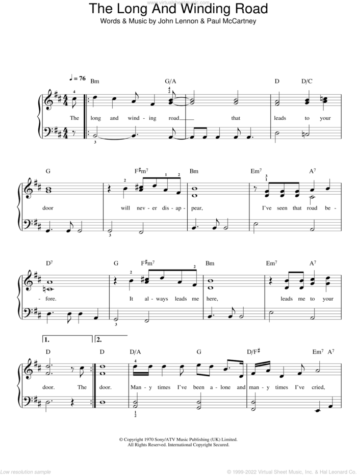 The Long And Winding Road sheet music for piano solo by The Beatles, Paul McCartney and John Lennon, easy skill level