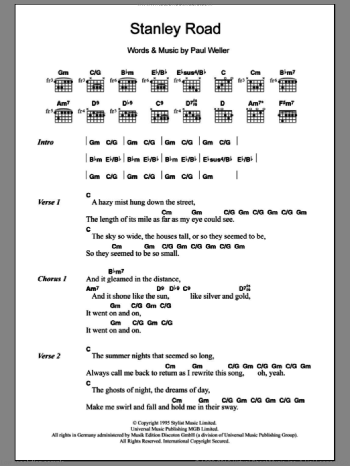 Stanley Road sheet music for guitar (chords) by Paul Weller, intermediate skill level