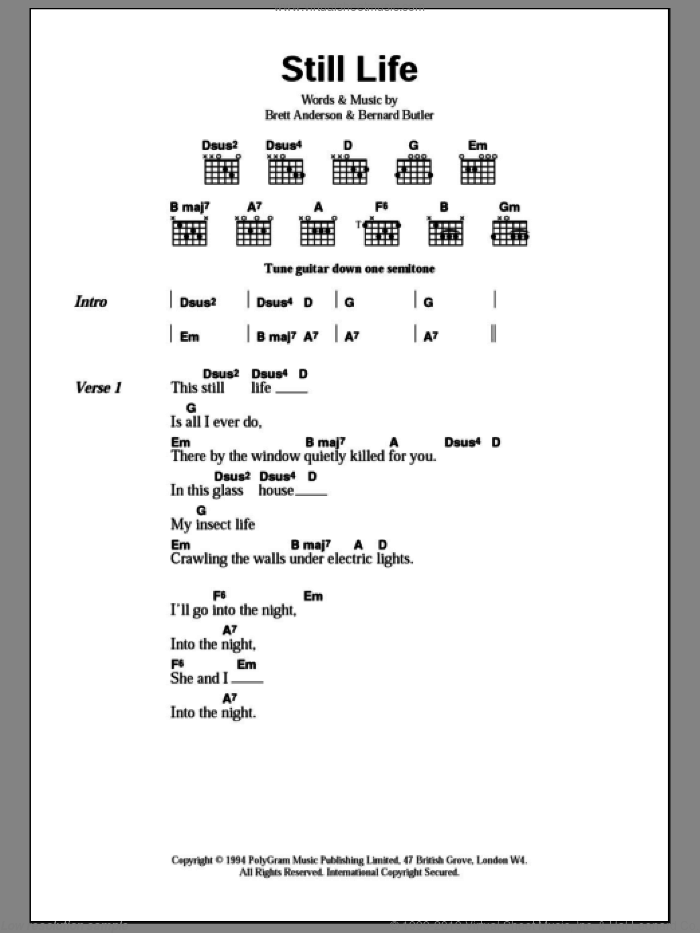 Still Life sheet music for guitar (chords) by Suede, Bernard Butler and Brett Anderson, intermediate skill level