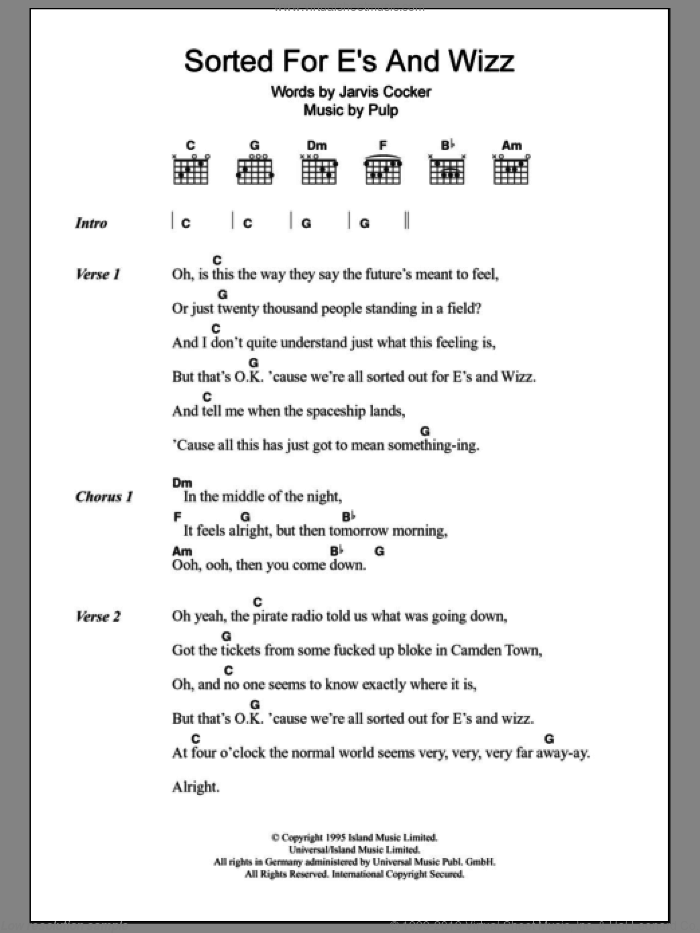 Sorted For E's And Wizz sheet music for guitar (chords) by Pulp and Jarvis Cocker, intermediate skill level