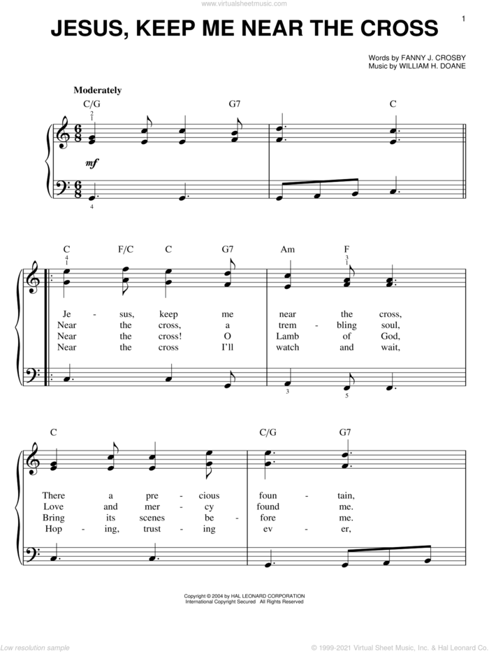 Jesus, Keep Me Near The Cross, (easy) sheet music for piano solo by Fanny J. Crosby and William H. Doane, easy skill level