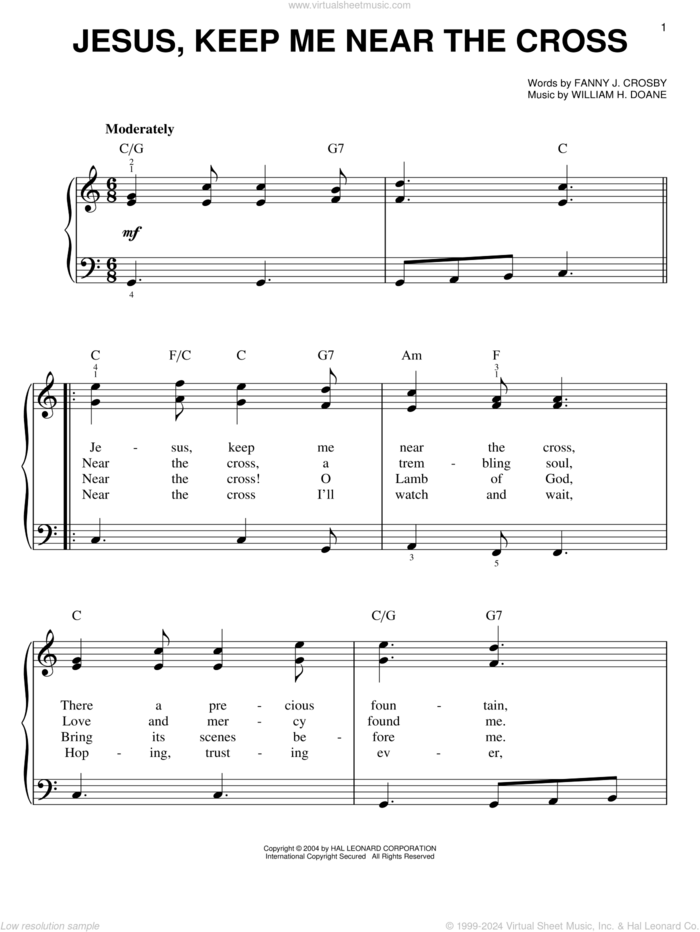 Jesus, Keep Me Near The Cross, (easy) sheet music for piano solo by Fanny J. Crosby and William H. Doane, easy skill level