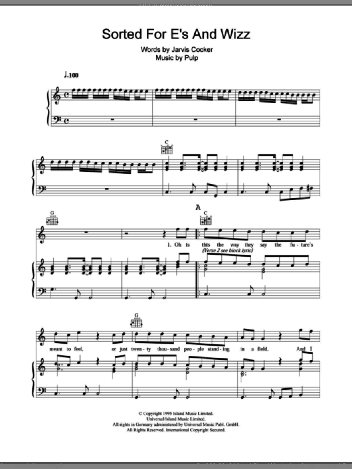 Sorted For E's And Wizz sheet music for voice, piano or guitar by Pulp and Jarvis Cocker, intermediate skill level