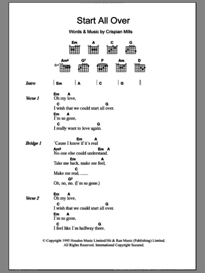 Start All Over sheet music for guitar (chords) by Kula Shaker and Crispian Mills, intermediate skill level