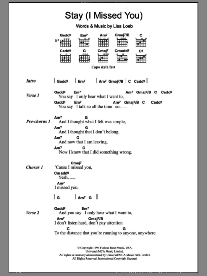Stay (I Missed You) sheet music for guitar (chords) by Lisa Loeb, intermediate skill level