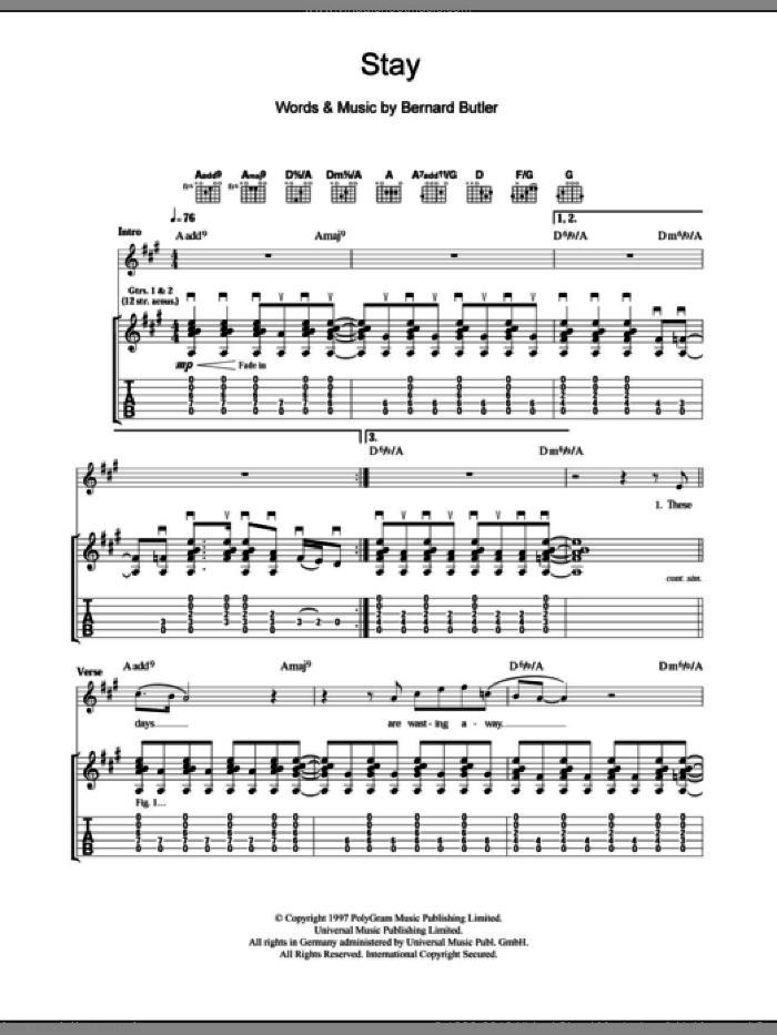 Stay sheet music for guitar (tablature) by Bernard Butler, intermediate skill level