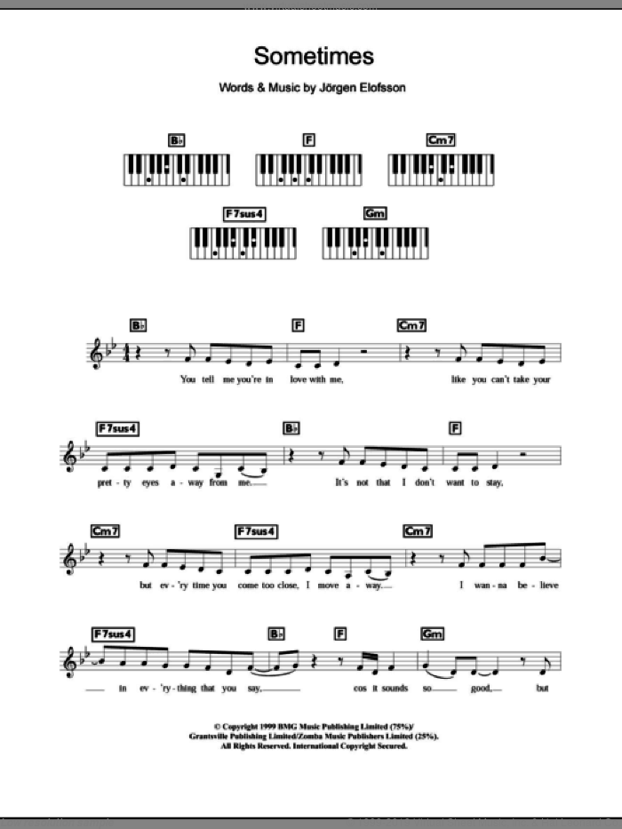 Sometimes sheet music for piano solo (chords, lyrics, melody) by Britney Spears and Jorgen Elofsson, intermediate piano (chords, lyrics, melody)