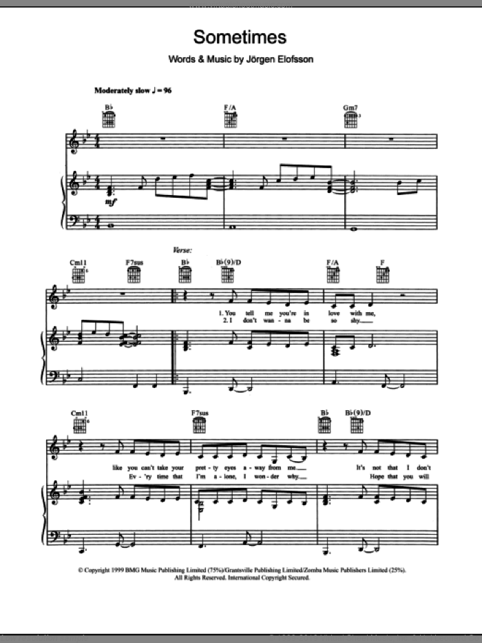 Sometimes sheet music for voice, piano or guitar by Britney Spears and Jorgen Elofsson, intermediate skill level