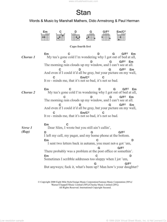 Stan sheet music for guitar (chords) by Eminem, Dido Armstrong, Marshall Mathers and Paul Herman, intermediate skill level