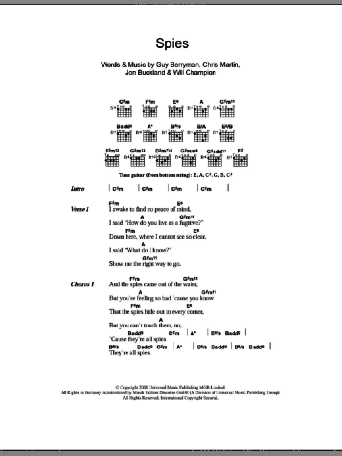 Spies sheet music for guitar (chords) by Coldplay, Chris Martin, Guy Berryman, Jon Buckland and Will Champion, intermediate skill level