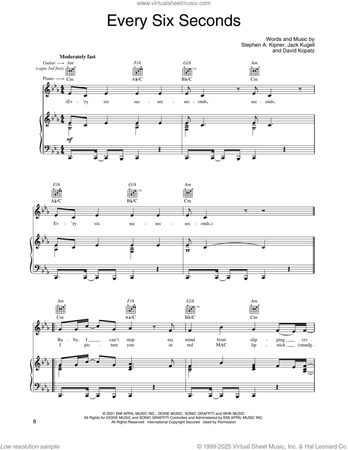 Every Six Seconds sheet music for voice, piano or guitar by O-Town, David Kopatz, Jack Kugell and Stephen A. Kipner, intermediate skill level