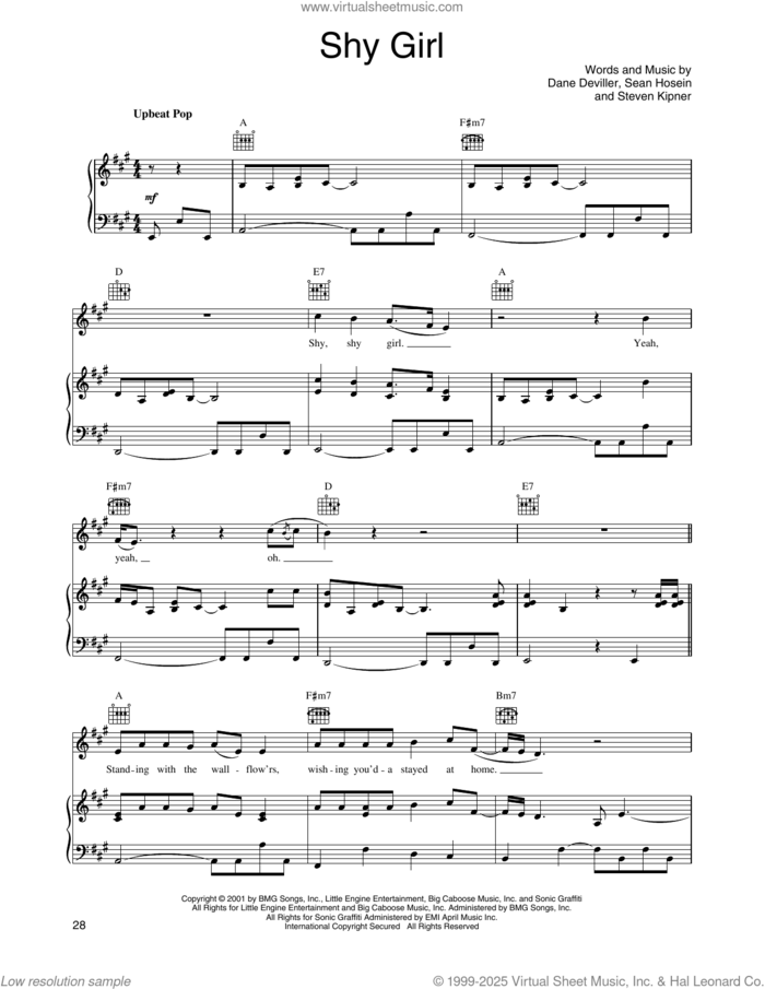 Shy Girl sheet music for voice, piano or guitar by O-Town, Dane Deviller, Sean Hosein and Steven Kipner, intermediate skill level