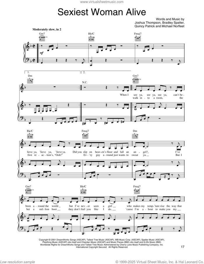 Sexiest Woman Alive sheet music for voice, piano or guitar by O-Town, Bradley Spalter, Joshua Thompson, Michael Norfleet and Quincy Patrick, intermediate skill level